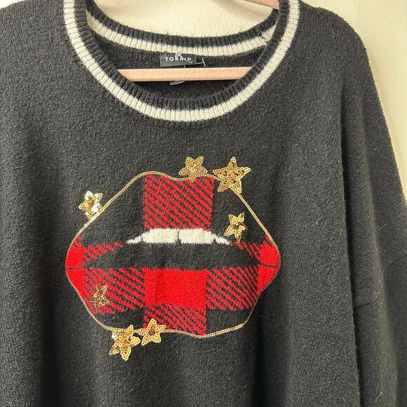 3x Torrid Sweater Black Red Plaid Star Lips Graphic Super Soft Crew Gold Sequin - Picture 4 of 7